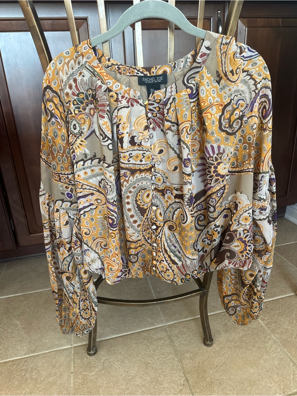 Rachel Zoe Paisley Print Long-Sleeve Blouse in Mustard and Taupe